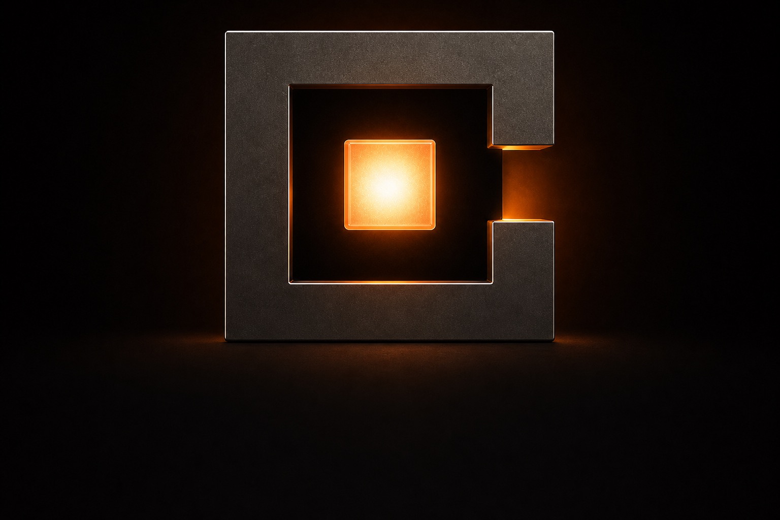 The graphite frame fully lit, its ember core burning steadily — the logo, alive.